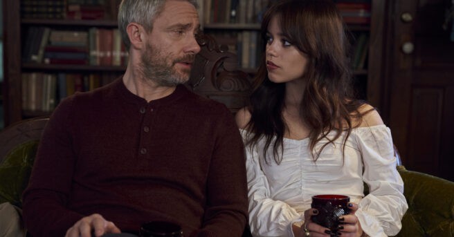 Martin Freeman as Jonathan Miller and Jenna Ortega as Cairo Sweet in Miller’s Girl. Photo Credit: Zac Popik