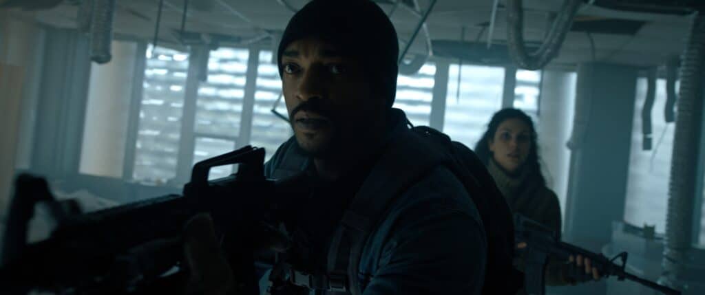 Morena Baccarin and Anthony Mackie in Elevation (2024).